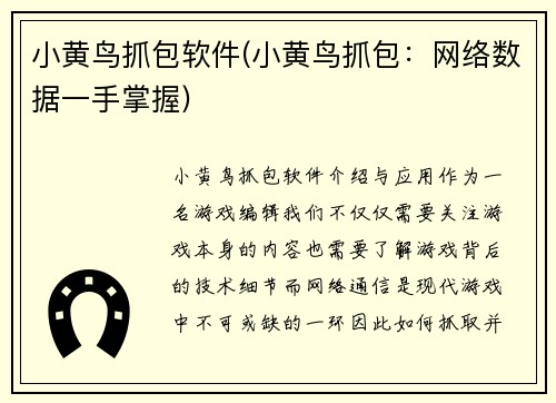 小黄鸟抓包软件(小黄鸟抓包：网络数据一手掌握)